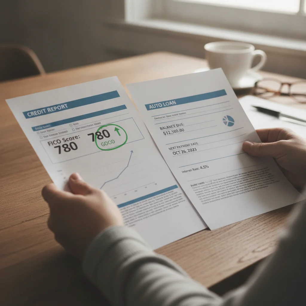 Person comparing an improved credit report with their original auto loan statement on a desk