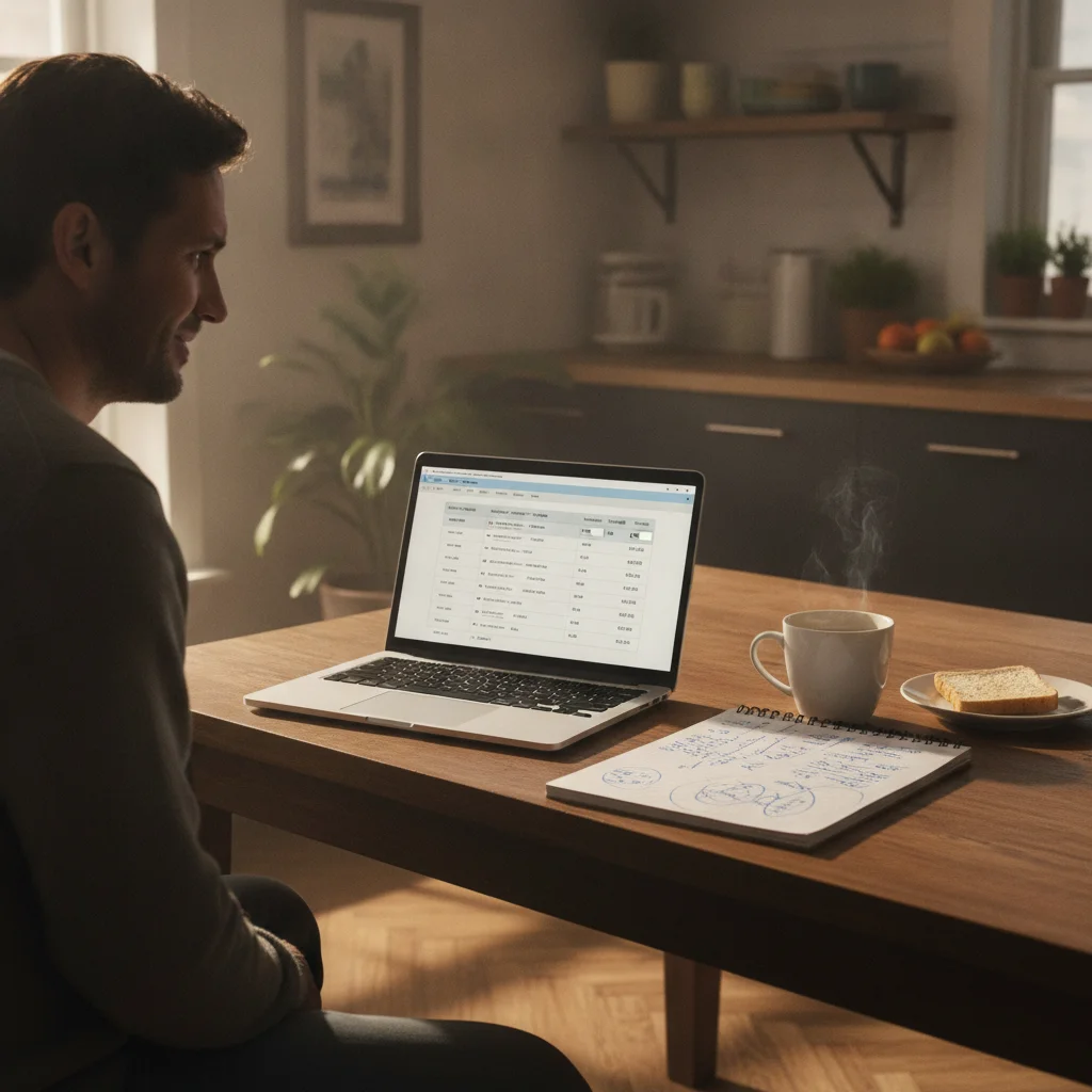 Person using a loan comparison calculator on a laptop with handwritten notes at a kitchen table
