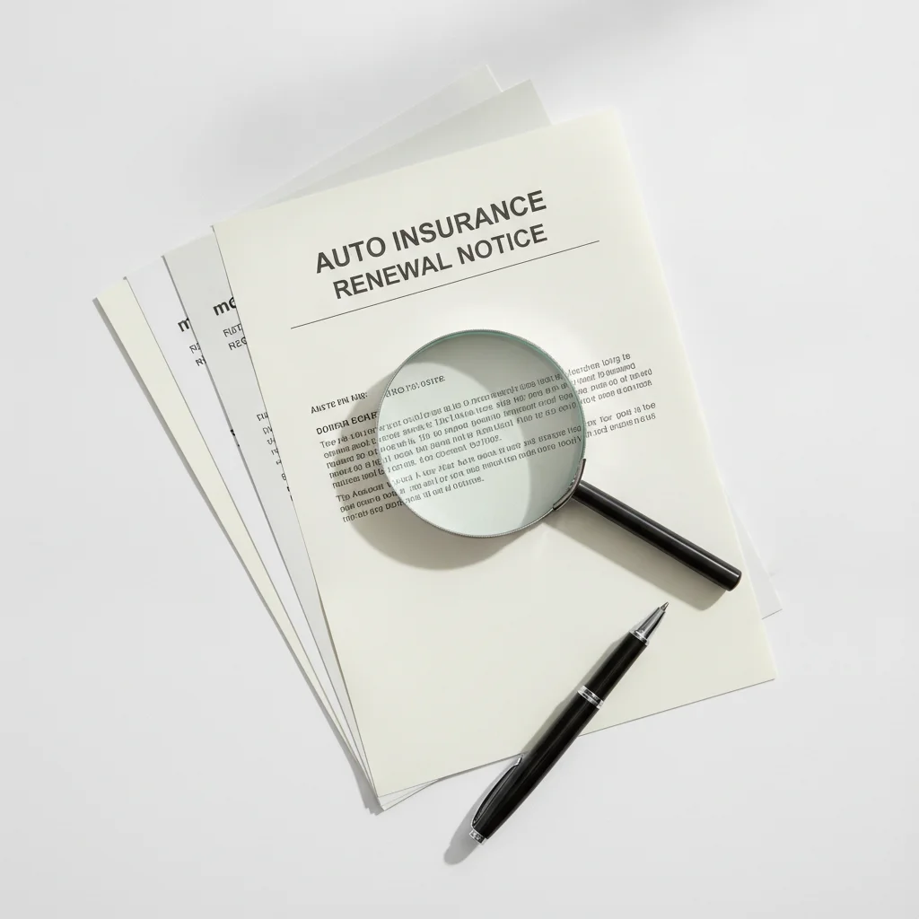Auto insurance renewal documents viewed through a magnifying glass on a white desk