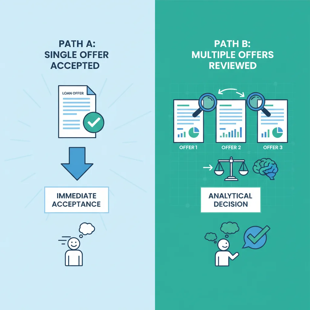 Split illustration comparing accepting one loan offer versus comparing multiple auto loan offers side by side.