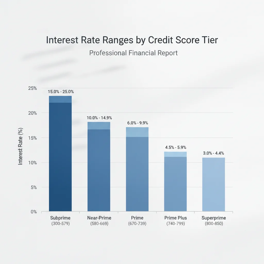 Bar chart showing auto loan interest rate ranges across credit score tiers from subprime to superprime.