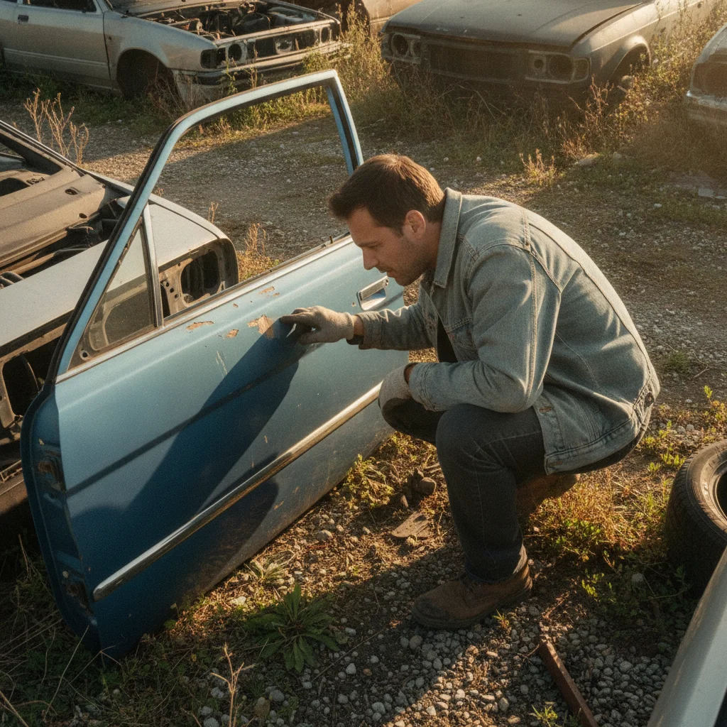 Person crouching beside a car door in sunlight to inspect paint texture at eye level