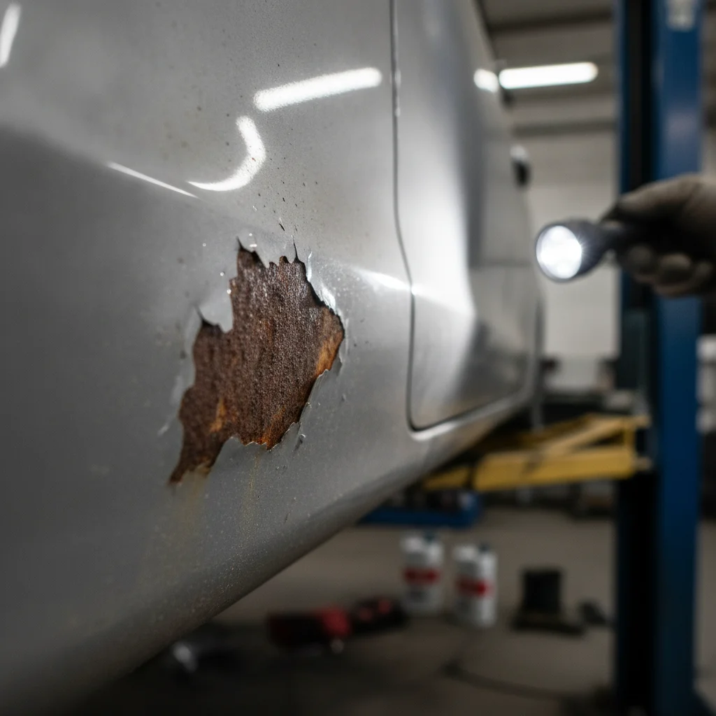 Bubbling paint on a car rocker panel revealing rust pushing through from underneath