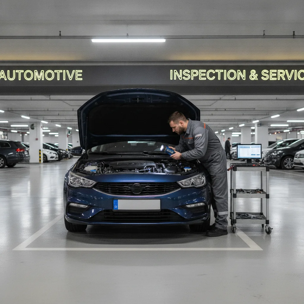Mechanic using a flashlight to inspect the engine bay perimeter of a used car in a parking lot