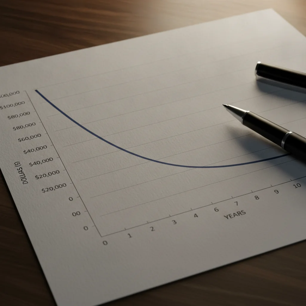 A printed vehicle depreciation curve chart with a downward sloping line showing value loss over years.