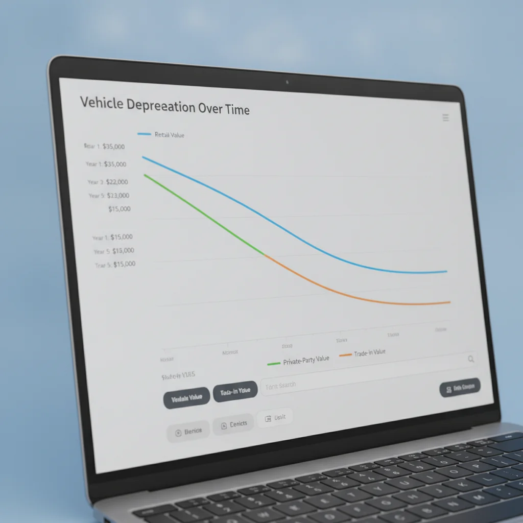 A laptop screen showing a vehicle valuation tool with three depreciation lines for retail, private-party, and trade-in values.