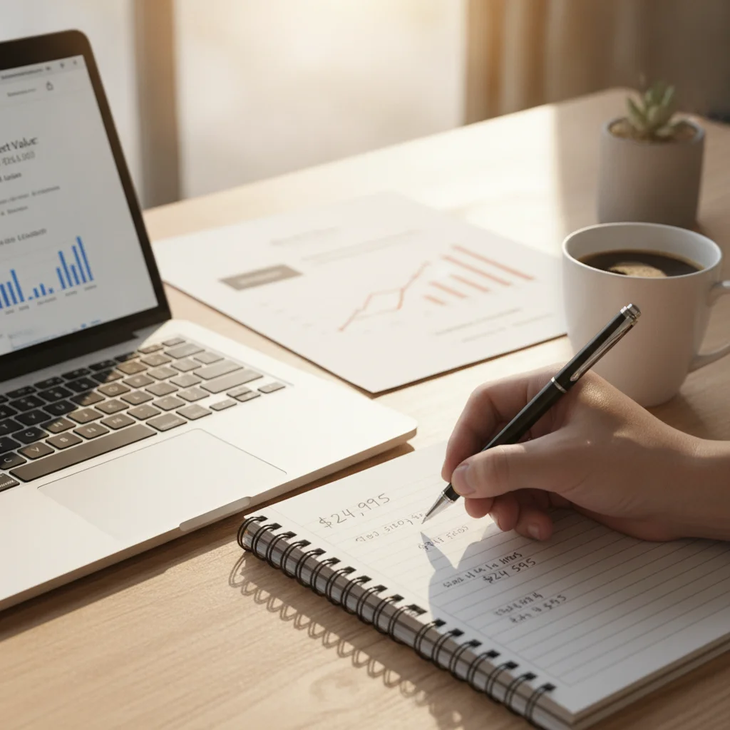 A person writing a final car asking price on a notepad using data from a laptop valuation tool and a printed depreciation chart.