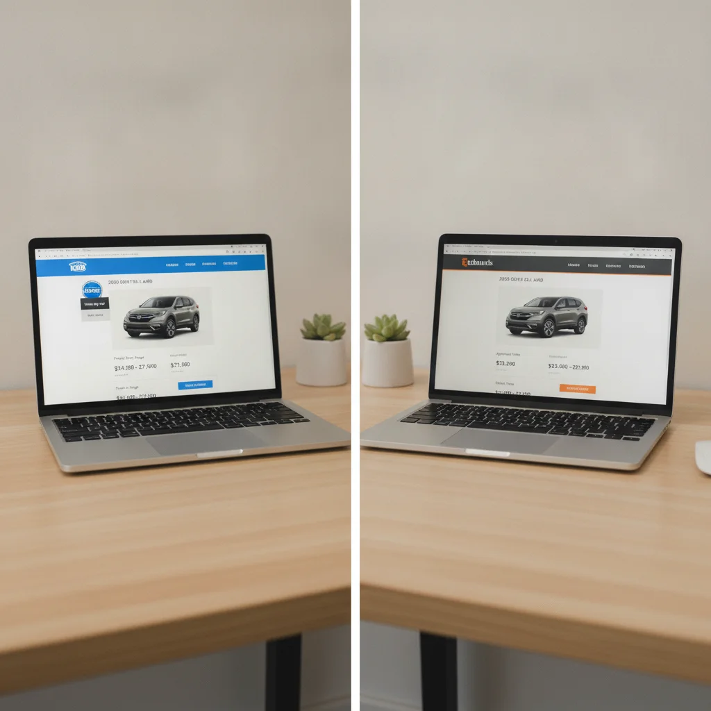 Two laptop screens showing Kelley Blue Book and Edmunds valuation tools with differing price estimates for the same car