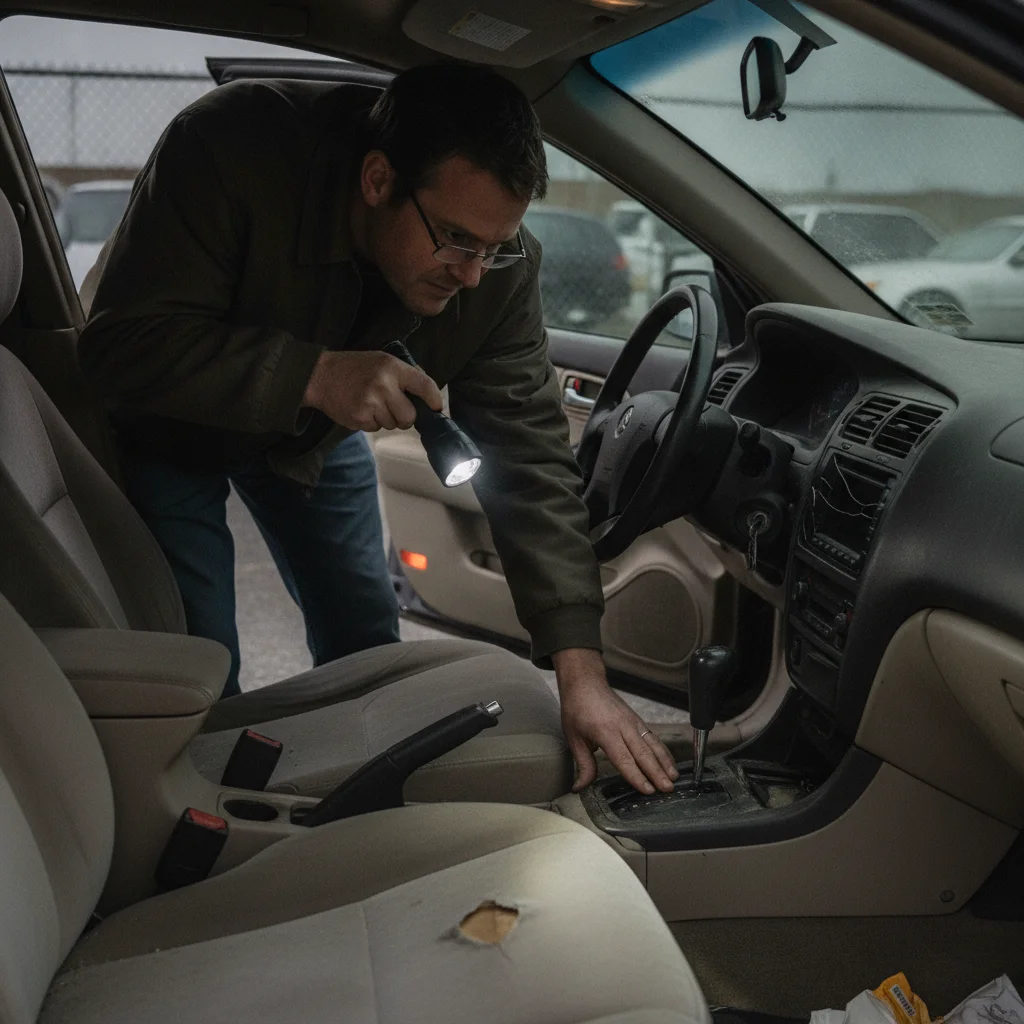 A person using a flashlight to inspect interior wear and seat condition in a used car before running a valuation