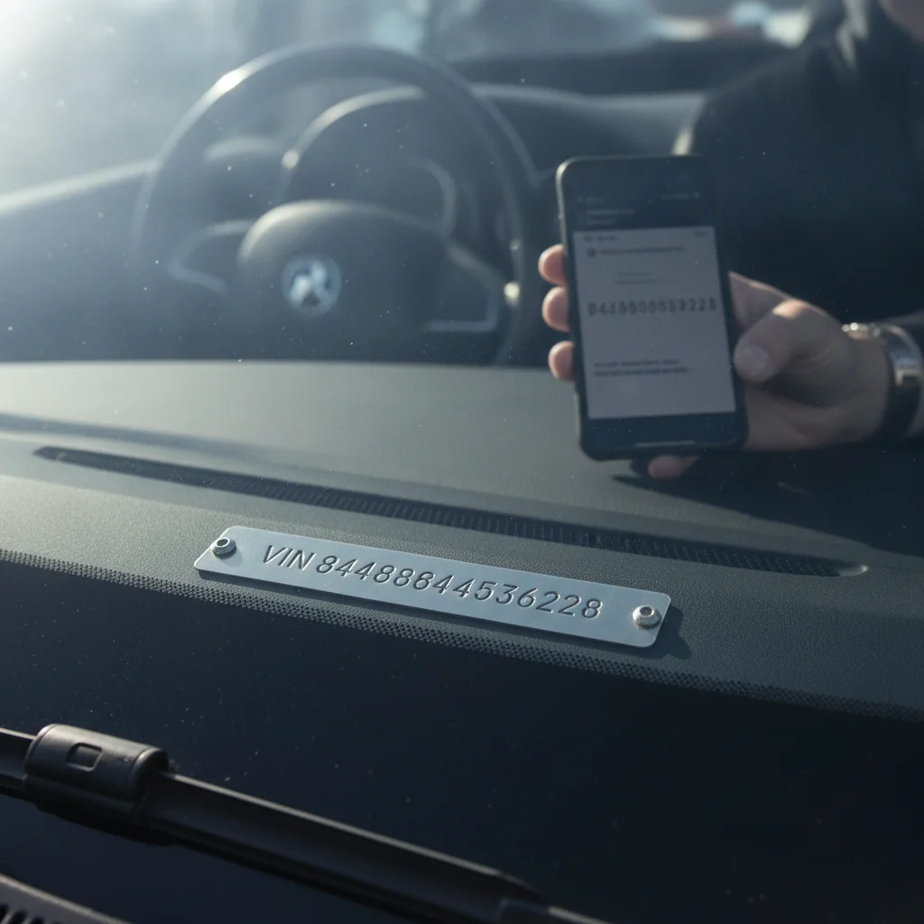Hand holding phone displaying VIN number next to car dashboard VIN plate through windshield