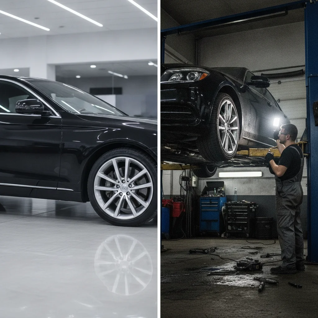 Clean car exterior contrasted with mechanic inspecting the undercarriage in a workshop