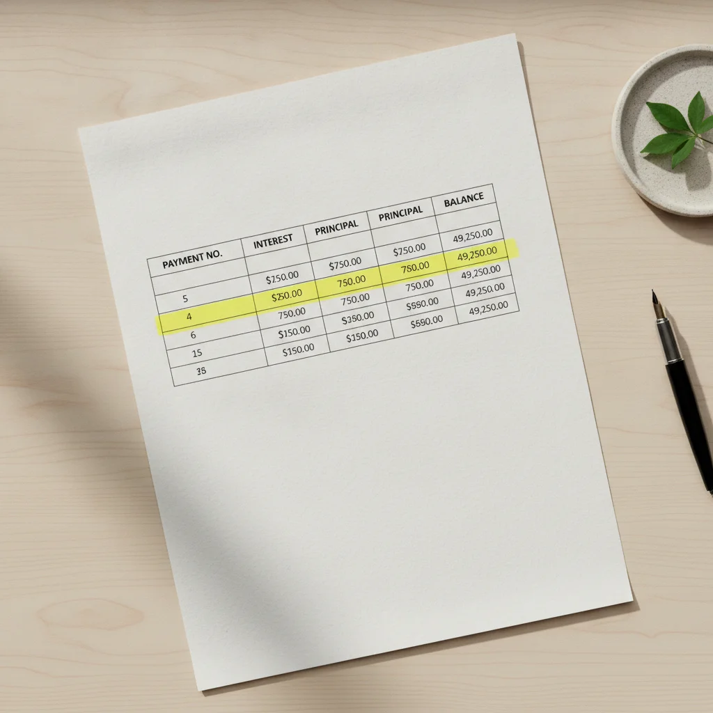 Overhead view of an amortization schedule spreadsheet with columns for interest, principal, and balance