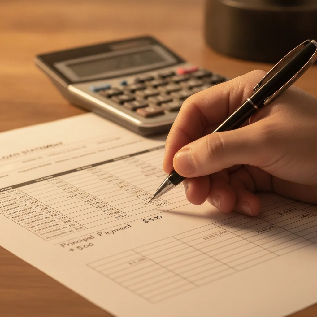 A hand writing a note about extra principal payment on an auto loan statement with a calculator nearby