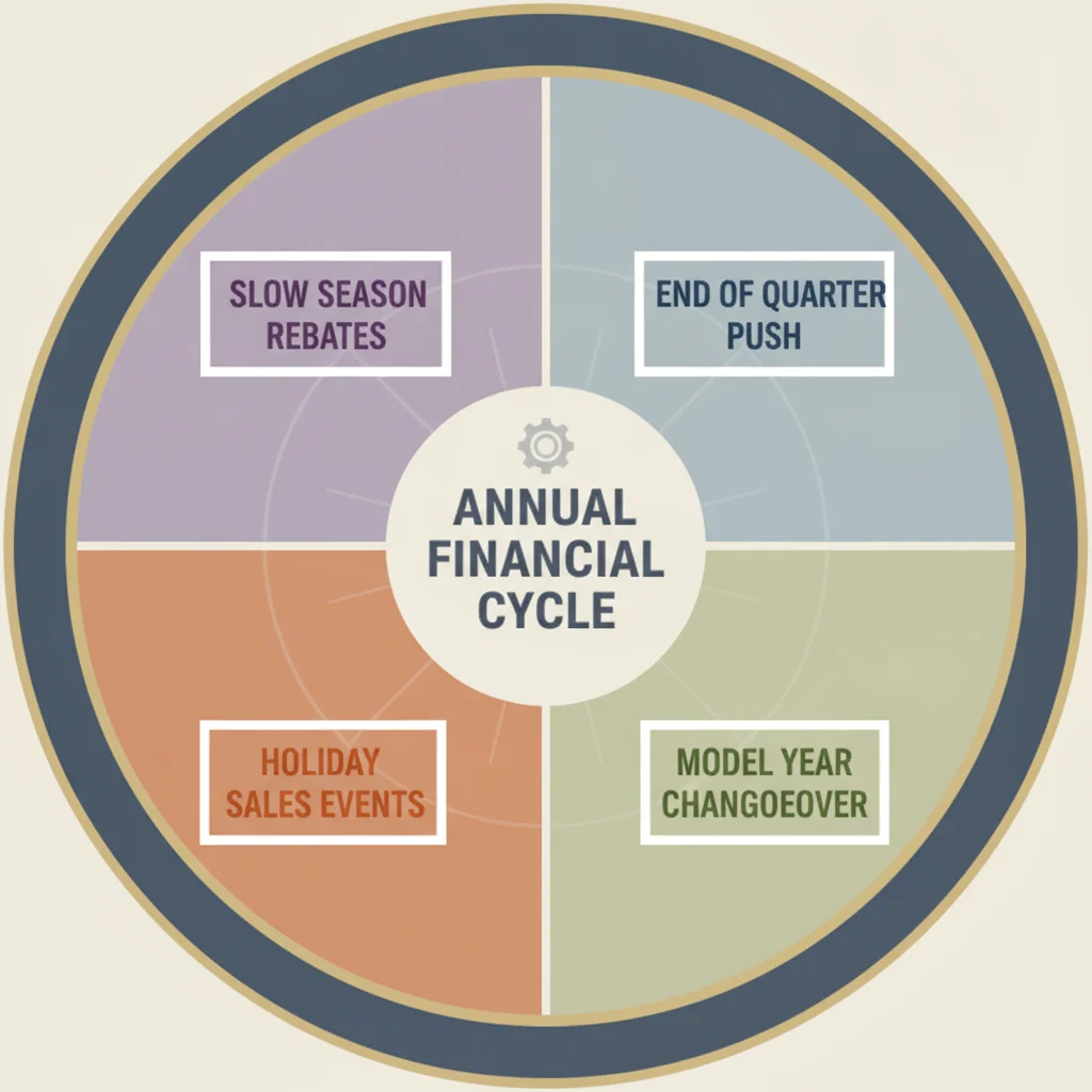 Annual circular calendar showing the four key incentive windows automakers use throughout the year