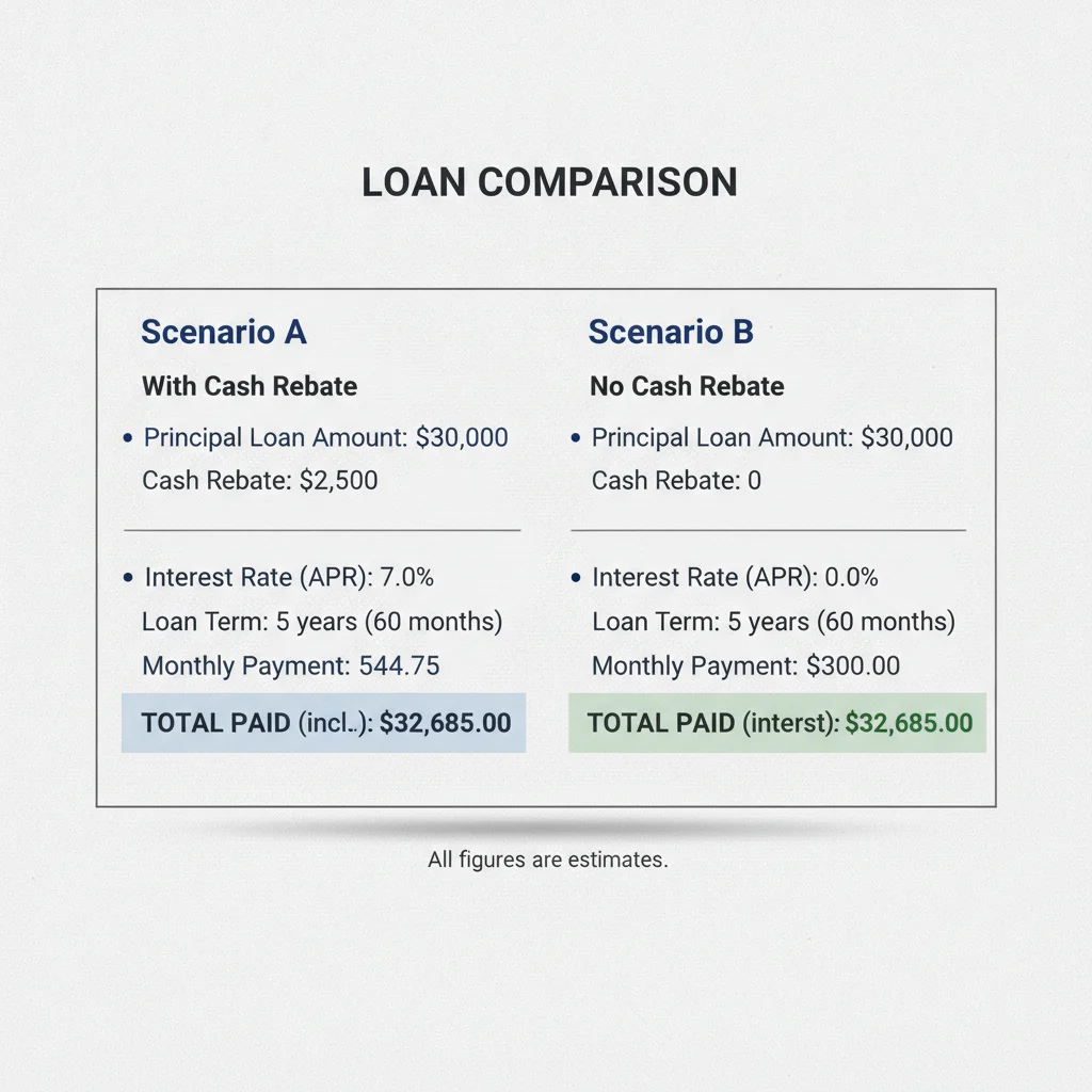 Side-by-side comparison of cash rebate versus low-APR financing showing total cost difference