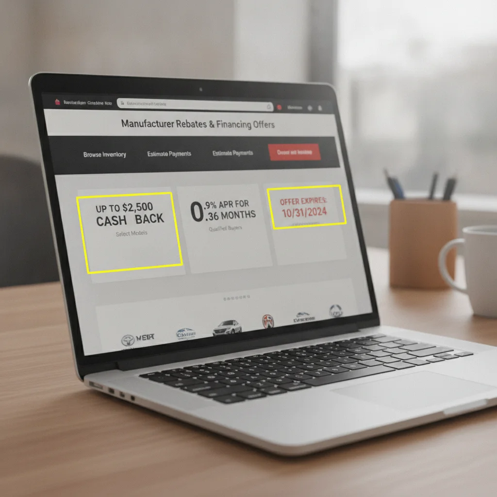 Laptop displaying a car manufacturer's official incentives page with rebate and APR details visible