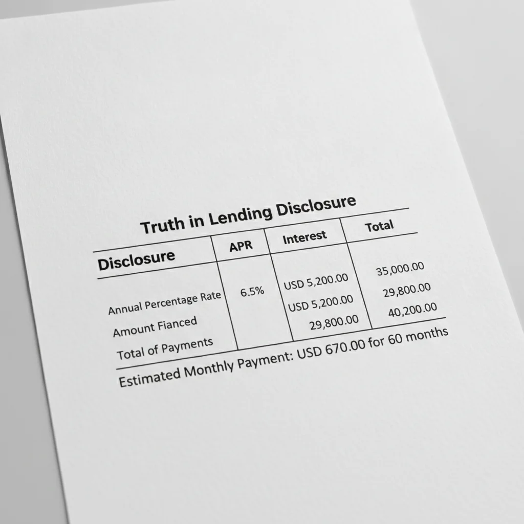 A sample Truth in Lending Act disclosure table showing the four required figures on an auto loan contract