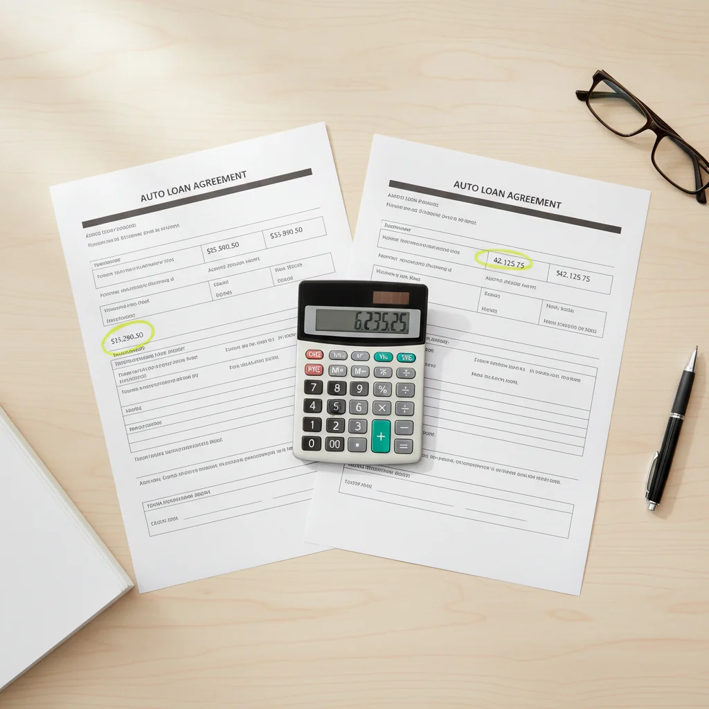 Two auto loan agreements side by side with total of payments figures highlighted, and a calculator between them