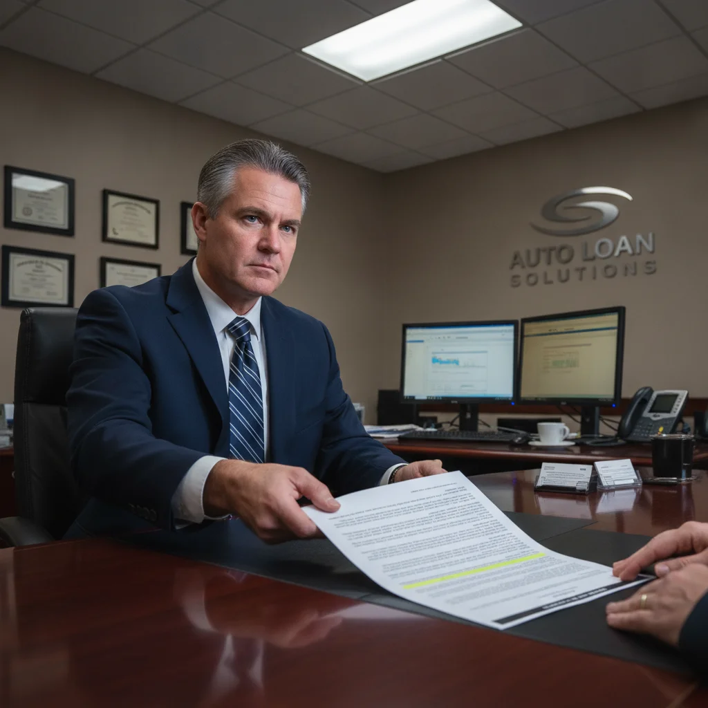 A dealership finance manager sliding a contract document across a desk to a car buyer