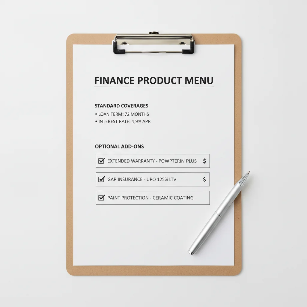 A dealership F&I product menu clipboard showing extended warranty and GAP insurance options