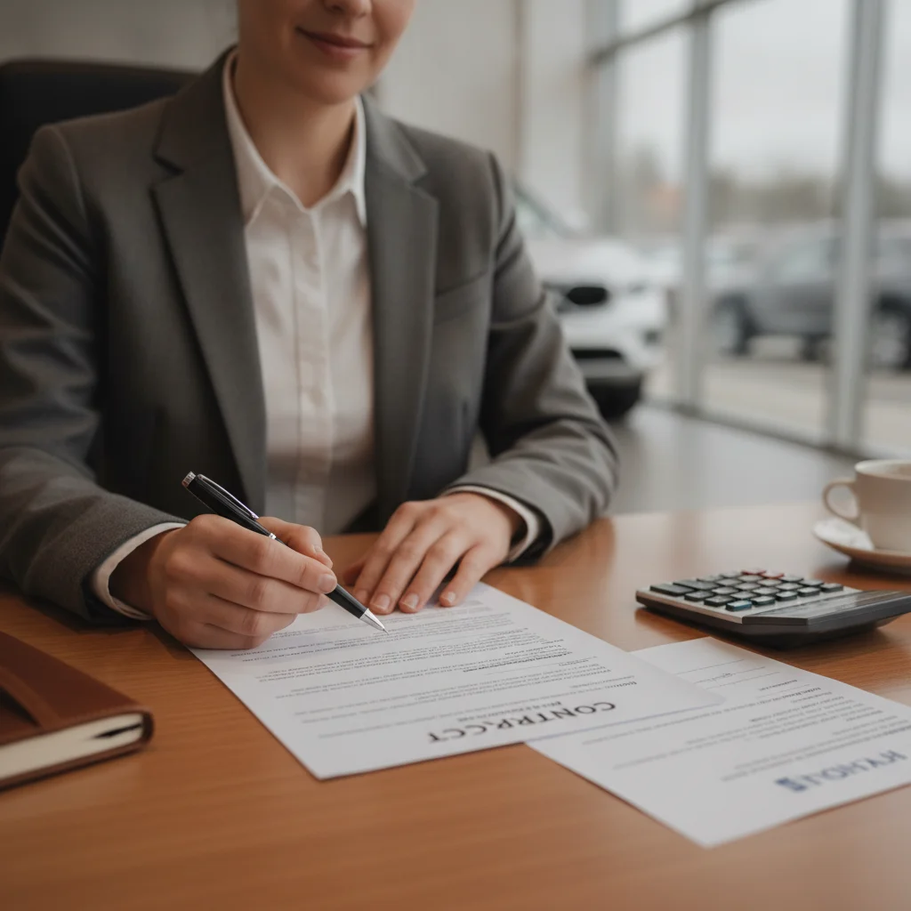 A car buyer reviewing dealership finance documents calmly with a bank pre-approval letter on the desk