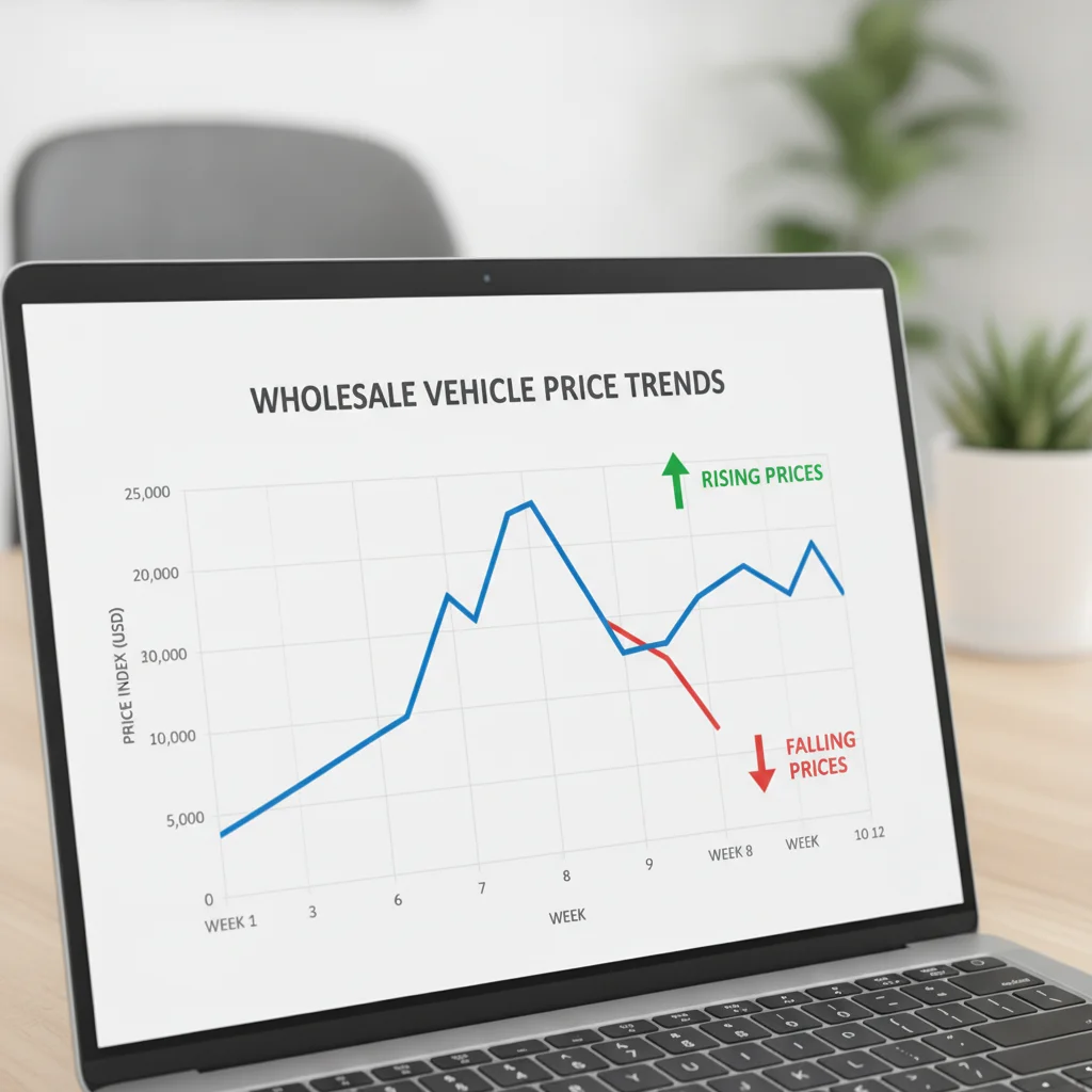 Laptop screen showing a wholesale vehicle price trend chart with weekly data points and annotations