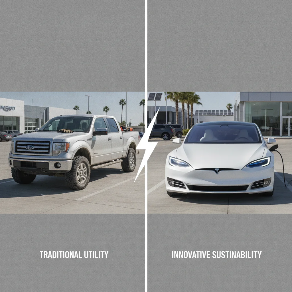 A pickup truck and an electric vehicle parked side by side in an automotive lot representing different market segments