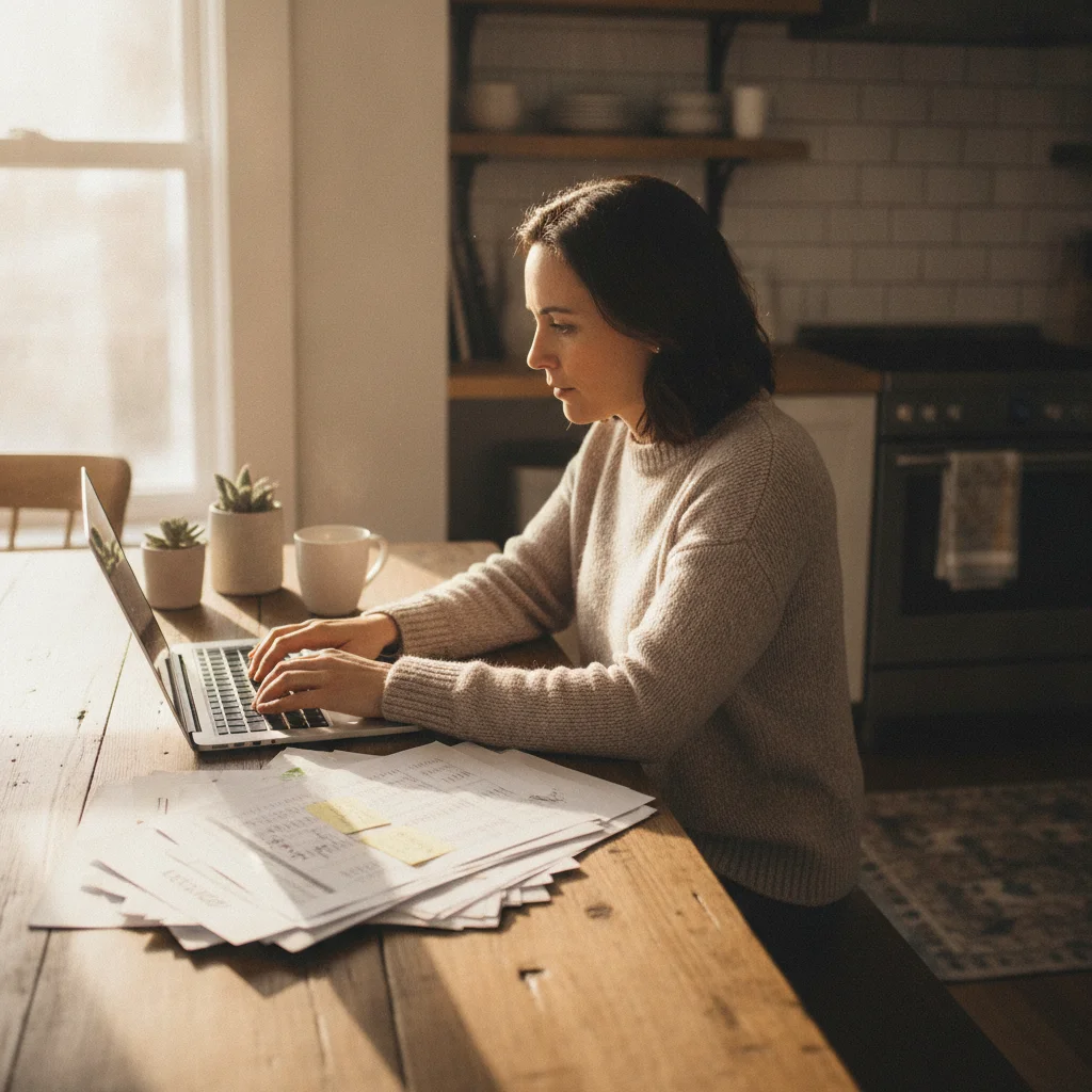 Person reviewing vehicle pricing research at a kitchen table with printed sheets and a laptop