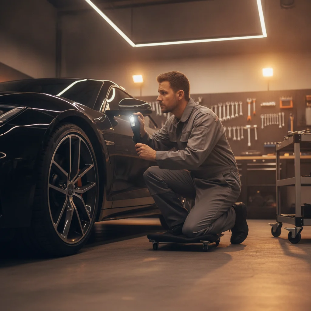 Mechanic using a flashlight to inspect the underside of a car near the wheel well in a workshop