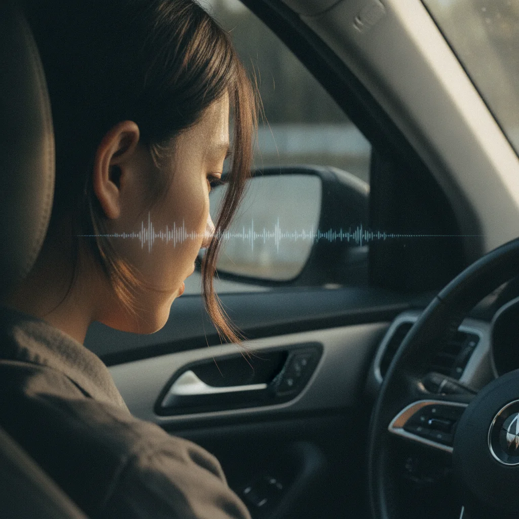 Close-up of driver inside car cabin suggesting the act of attentive listening to vehicle sounds