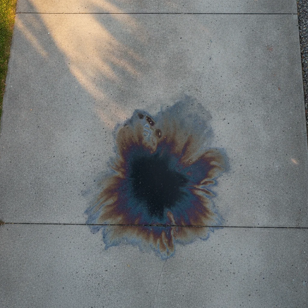 Fluid stain visible on a residential concrete driveway where a car was recently parked