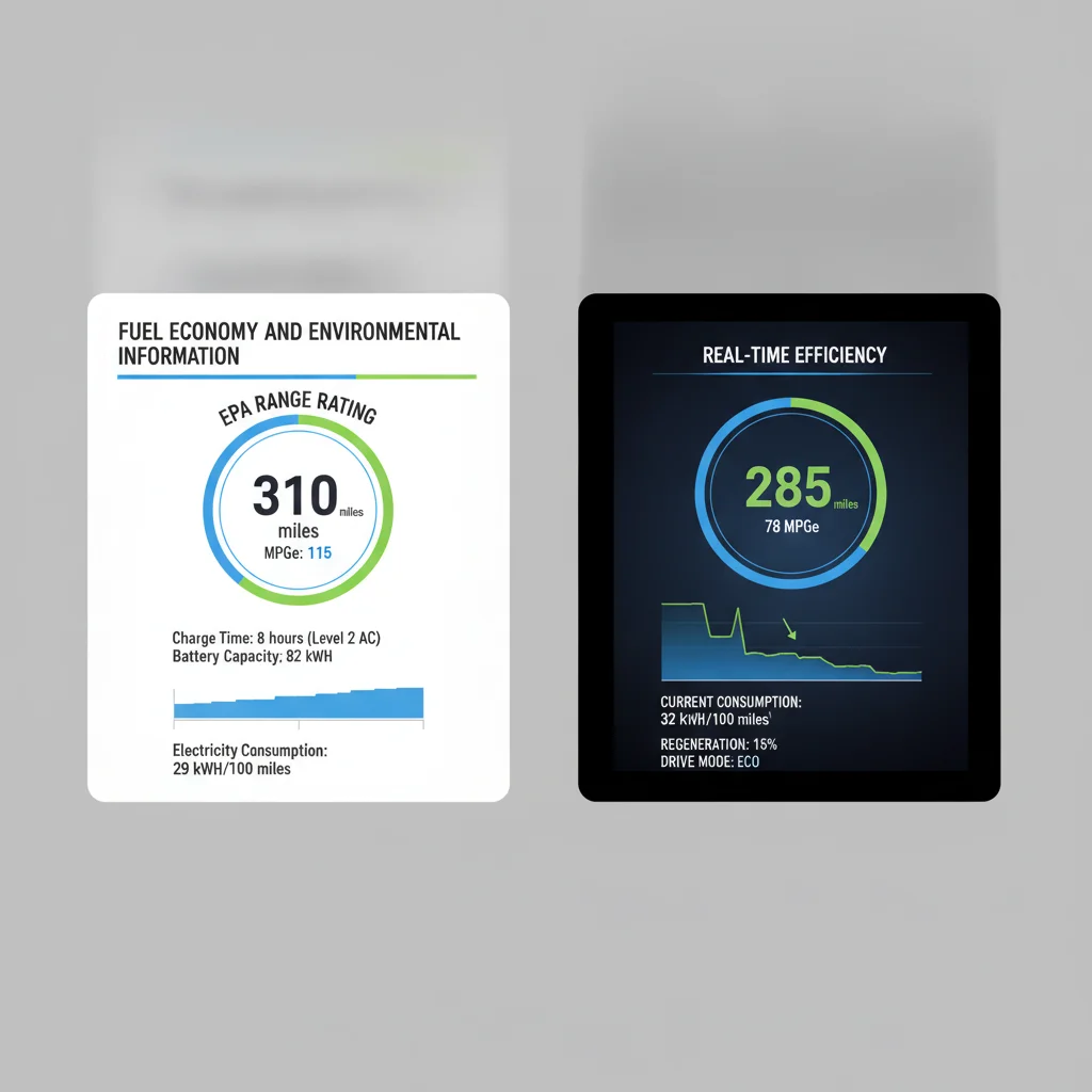 Side-by-side comparison of EPA window sticker range estimate and live EV dashboard efficiency reading