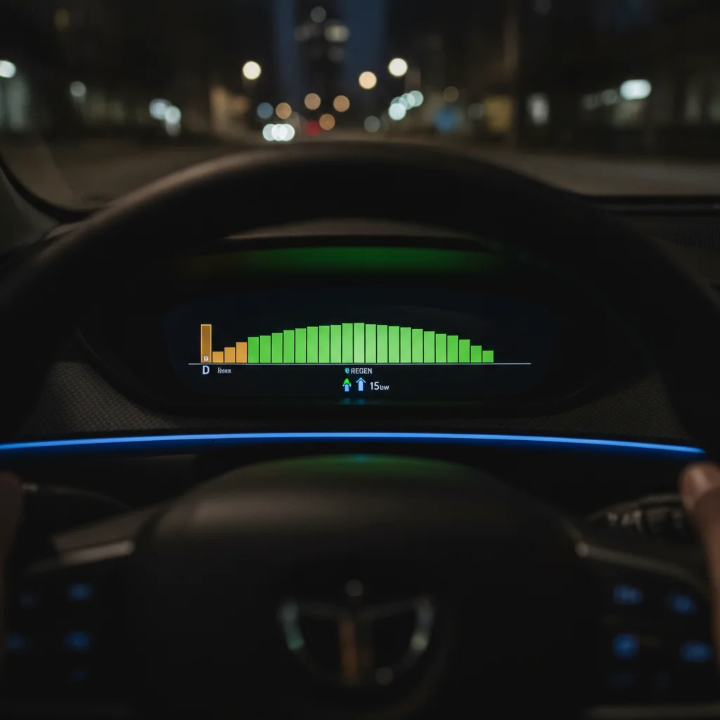 EV instrument cluster showing scrolling efficiency bar graph and active regenerative braking indicator