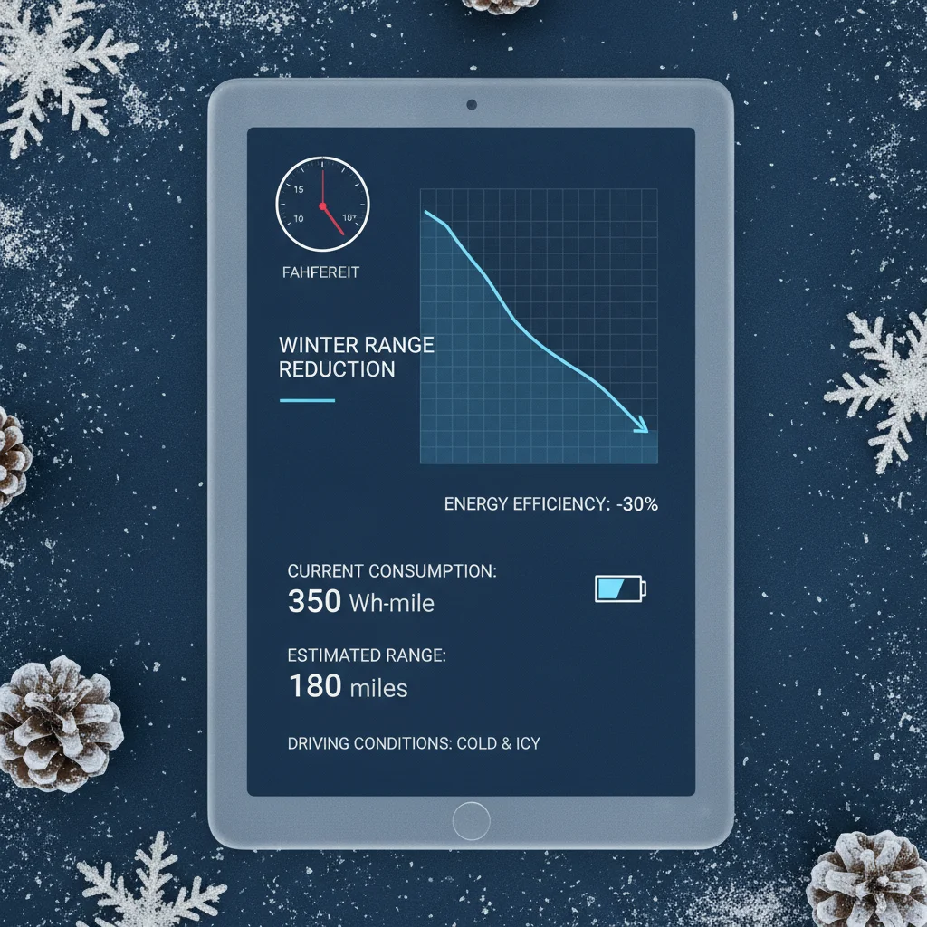 EV efficiency graph showing consumption drop in cold winter temperatures with thermometer and snowflake icons