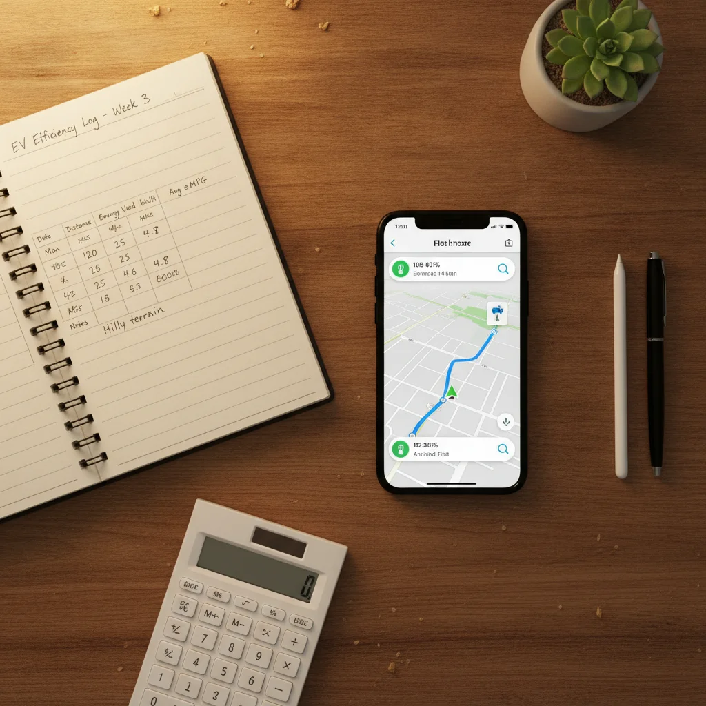 Smartphone with EV routing app and handwritten efficiency log notebook used for charging stop planning
