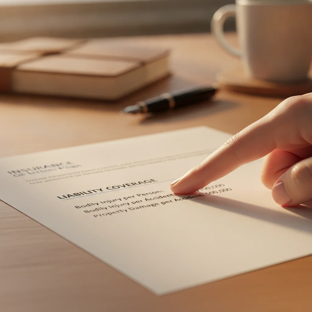 Person pointing to liability coverage limits section on an insurance declarations page document.