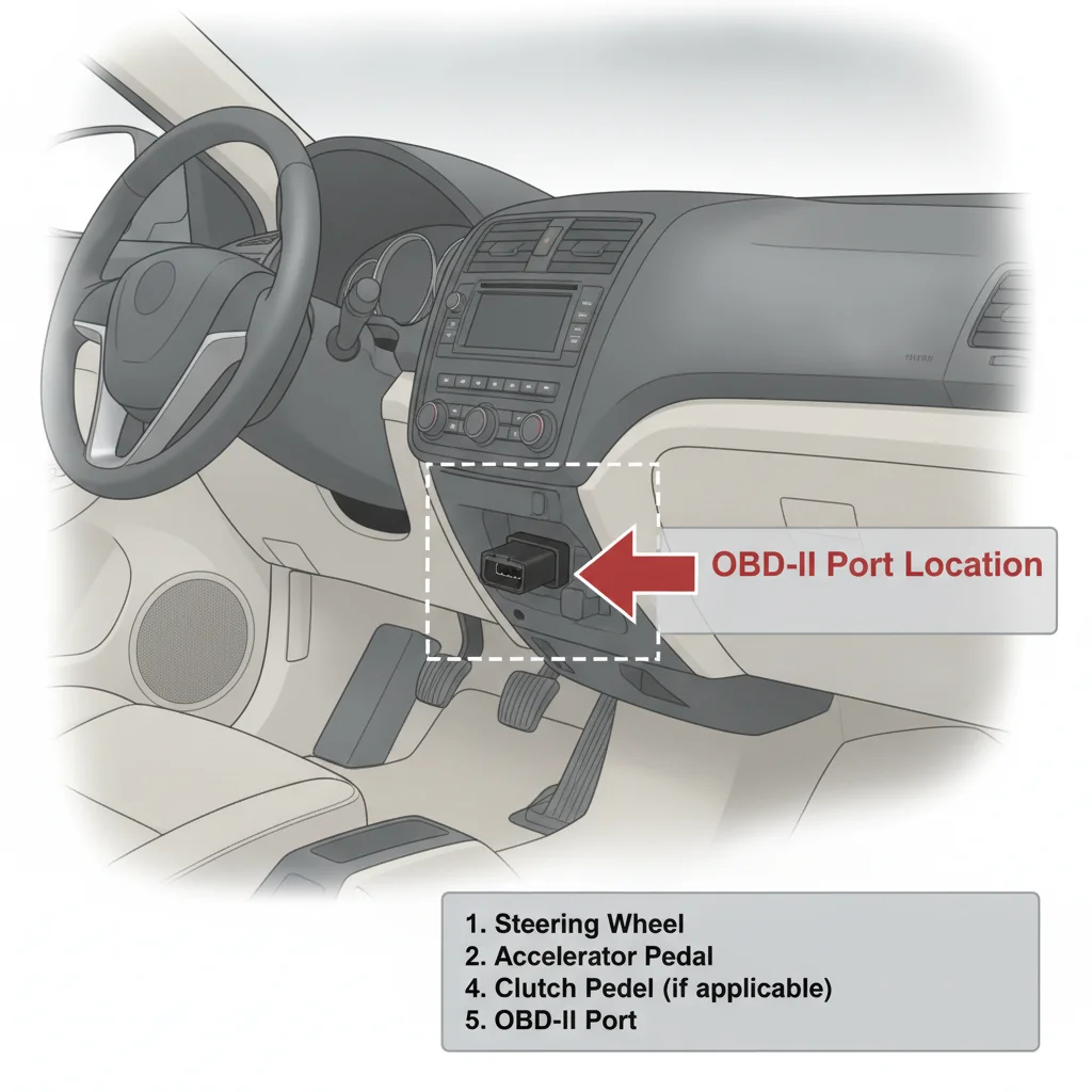 Illustration of a car interior showing the typical OBD-II diagnostic port location under the driver's dashboard
