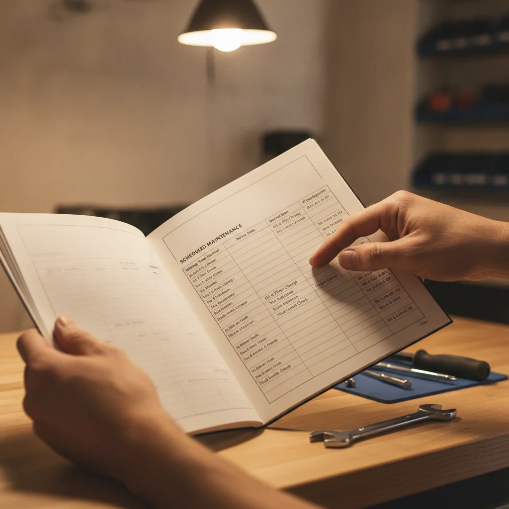 Hands holding an open owner's manual displaying a vehicle maintenance schedule table