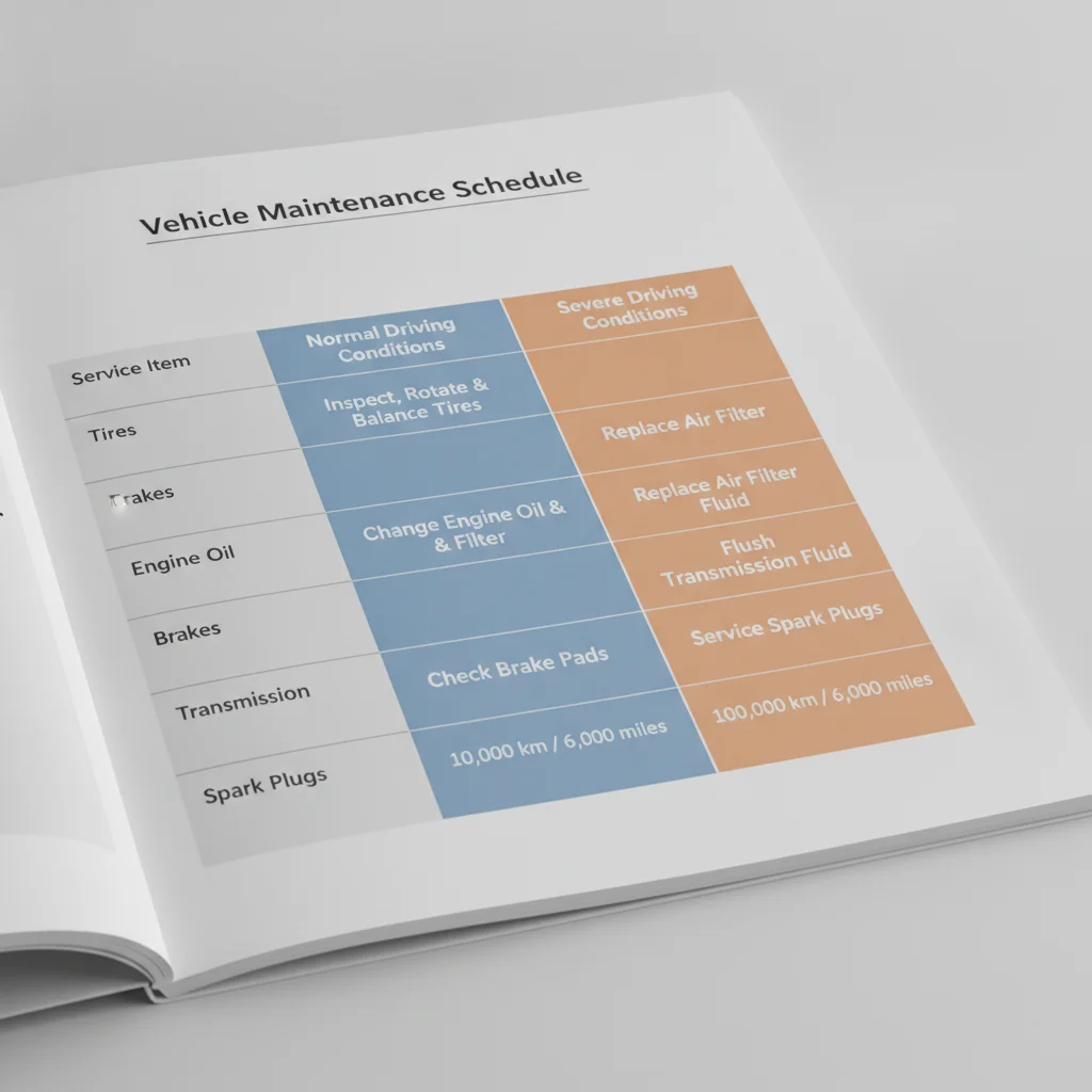 A maintenance schedule table showing Normal and Severe driving condition columns side by side