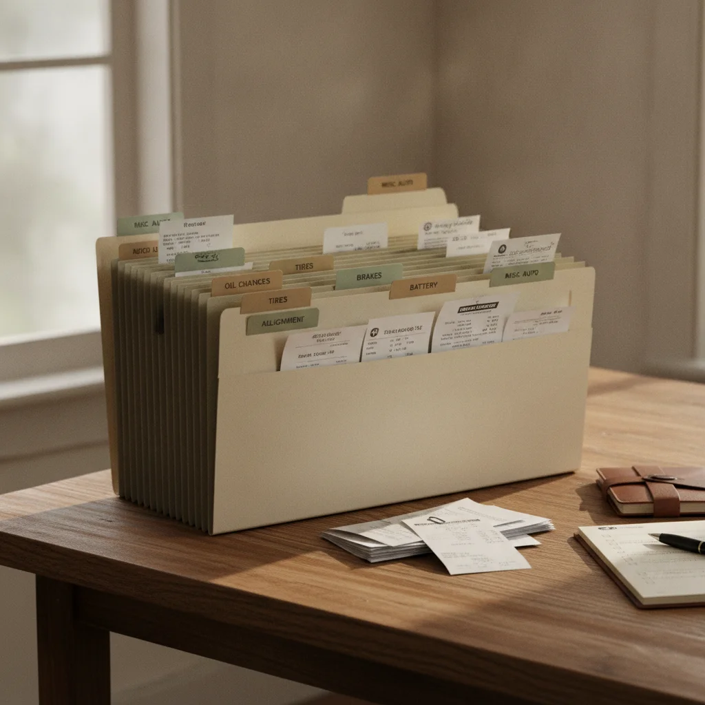 An accordion folder with organized vehicle service receipts and maintenance records on a desk