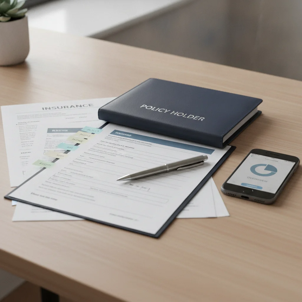 Organized insurance documents and smartphone on a clean desk ready for claim filing