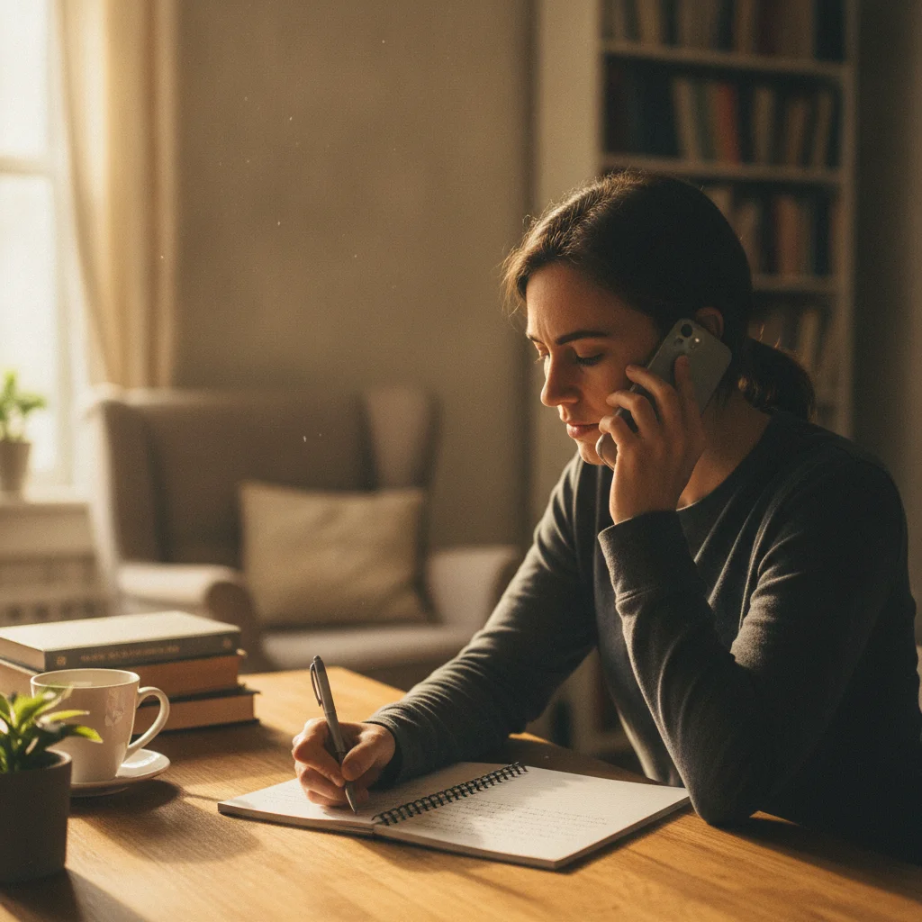 Person taking written notes during a phone call with an insurance representative at a desk