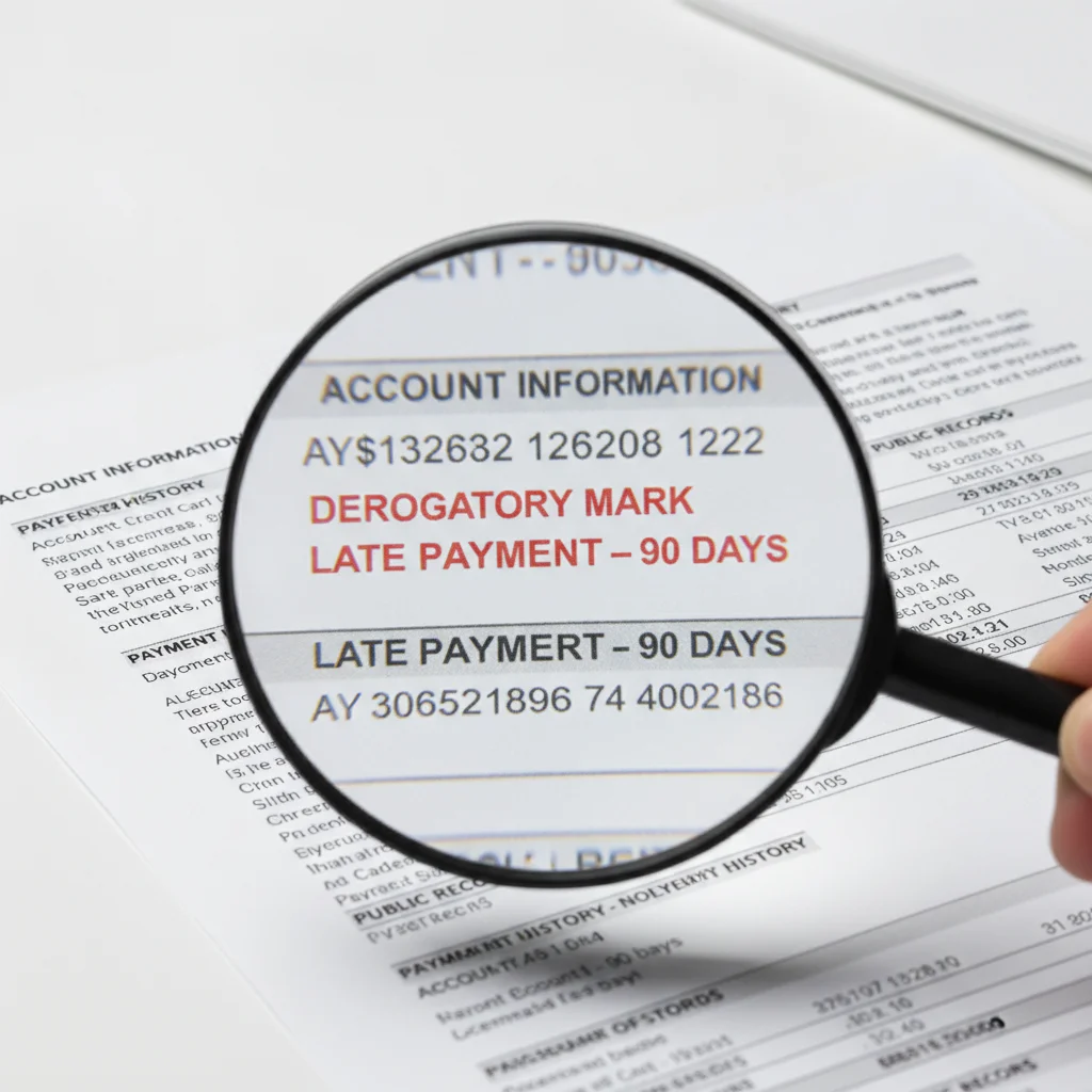 Magnifying glass highlighting derogatory entries on a printed credit report document