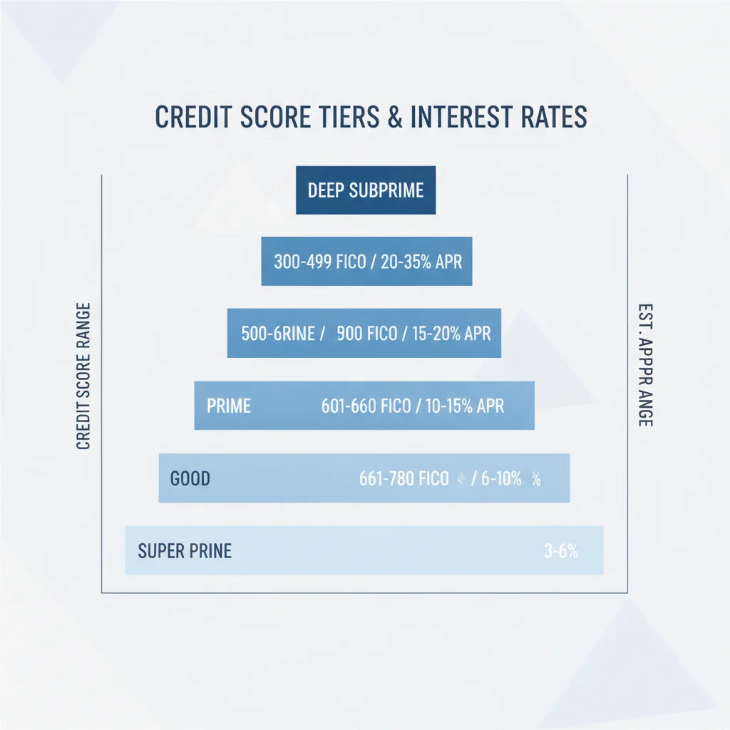 Bar chart showing auto loan APR ranges by credit score tier from deep subprime to super prime