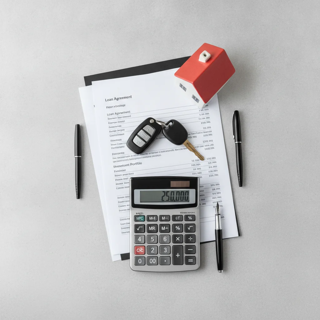 Car keys, house figurine, calculator, and financial documents arranged in a flat-lay overhead composition