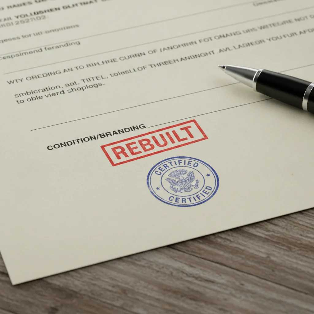 A vehicle title document showing a rebuilt title brand stamp in red ink on official paper