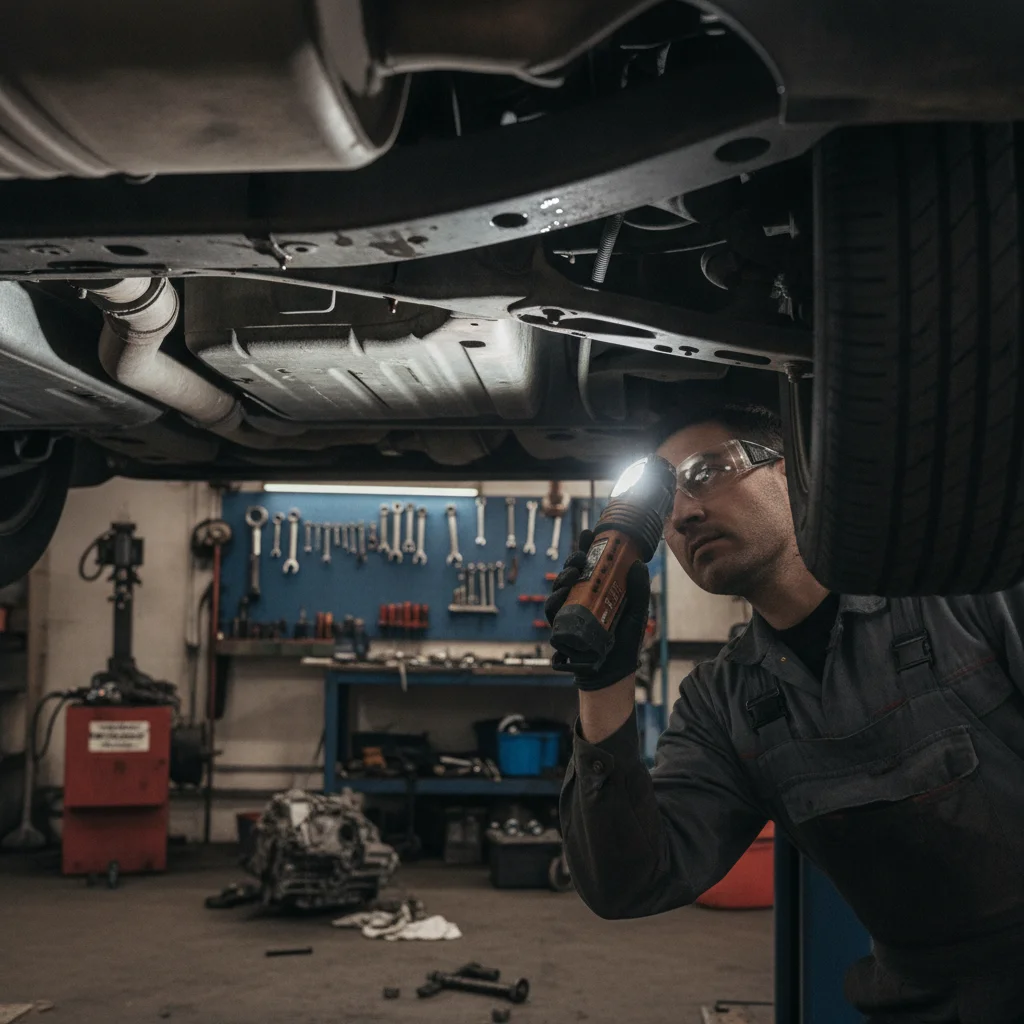 A mechanic performing a pre-sale inspection on a repaired vehicle, examining the undercarriage with a flashlight