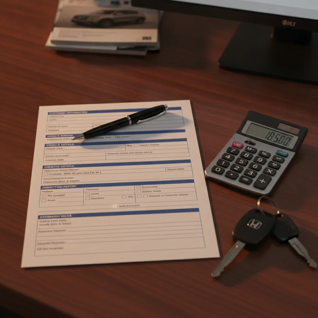 Trade-in appraisal form on a dealership desk with car keys and calculator