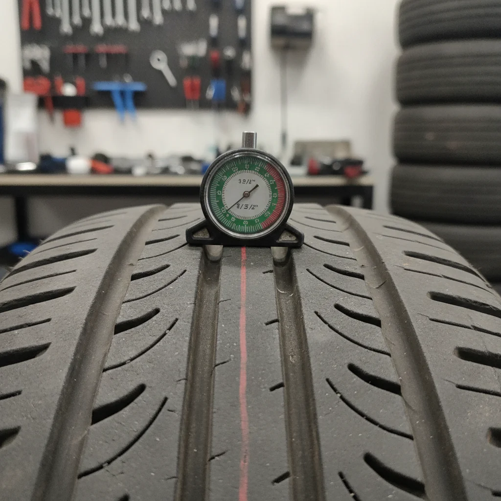 Tread depth gauge measuring tire wear on a used vehicle
