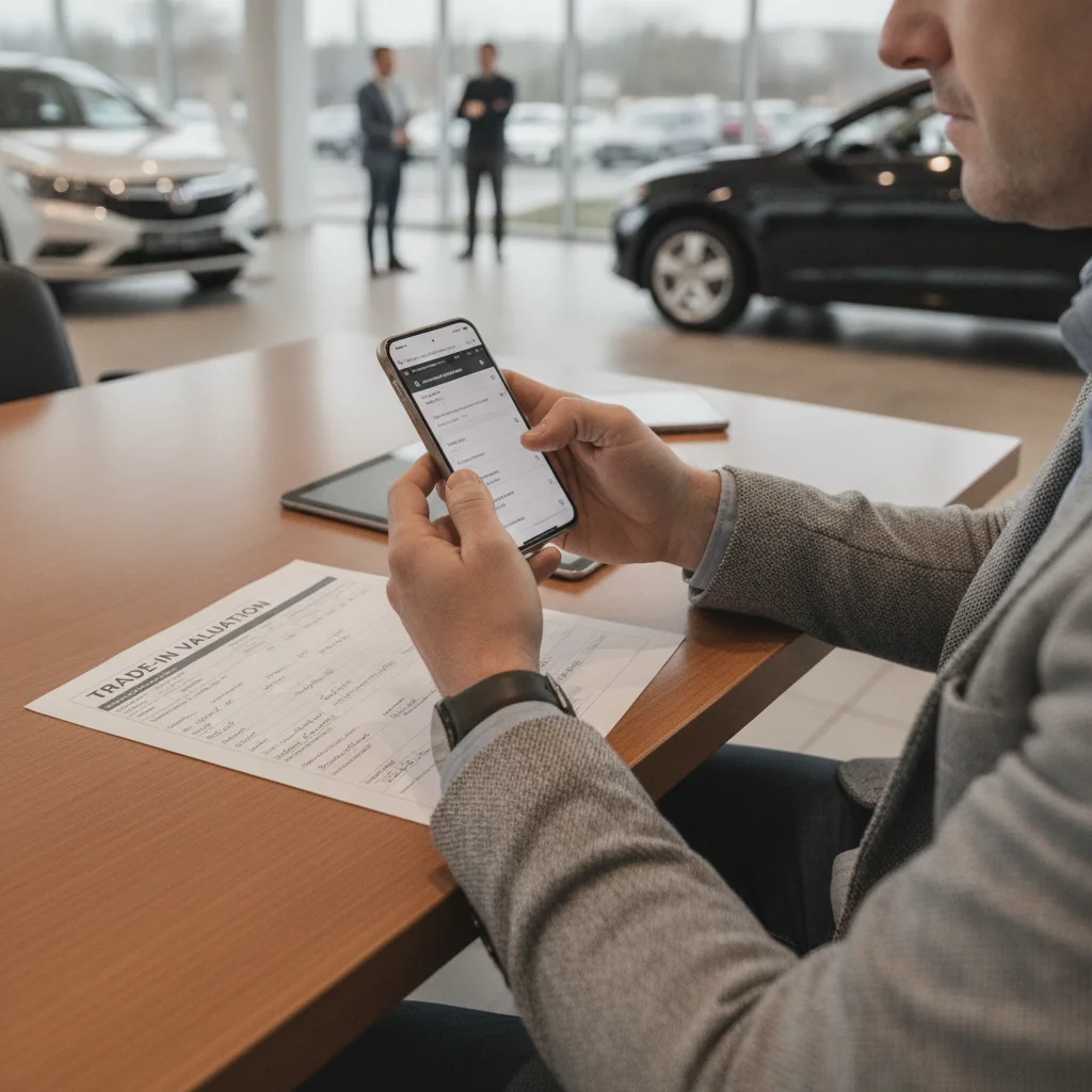 Car seller comparing dealer recon estimate with prices on a smartphone at a dealership